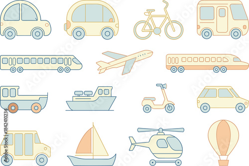 Transportation icon set featuring cars, buses, trains, planes, bicycles, and helicopters, flat colorful vector symbols for mobility and travel design