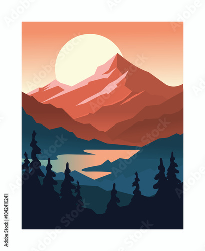 Summer travel. Scenic sunset horizon. Rocky landscape. Hiking adventure journey card. Mountain peak. Coniferous trees forest. River valley evening panorama. Camping tourism. Vector wild nature banner