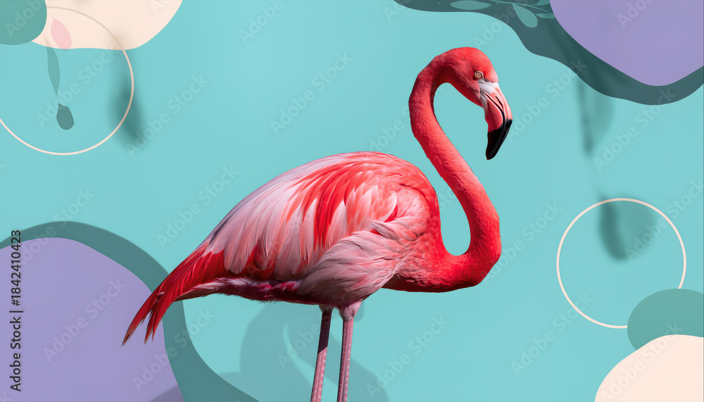 Obraz premium Flamingo standing on a colorful background during daytime at a creative art place