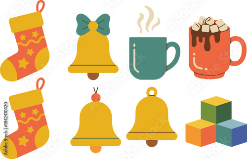 Christmas holiday icon set with bells, stockings, hot drinks, gift boxes, cozy winter elements, flat minimalist seasonal illustration