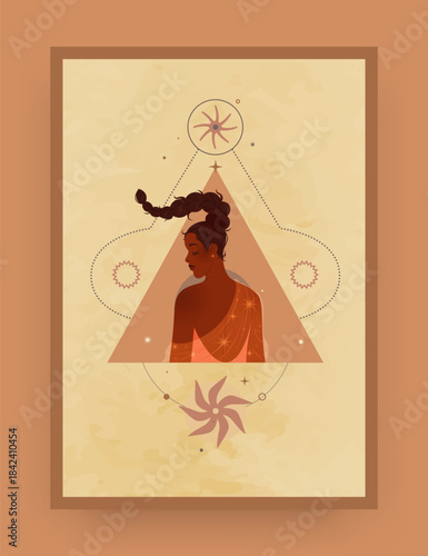 Woman magic. Young female Boho portrait. Mystic line symbols. Spiritual stars and abstract sun astrology icons. Beautiful people profile. Mystical girl face. Occult pentagram. Vector esoteric card