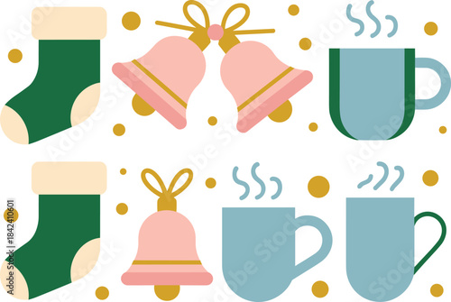 Christmas holiday icon set with bells, stockings, hot drinks, gift boxes, cozy winter elements, flat minimalist seasonal illustration