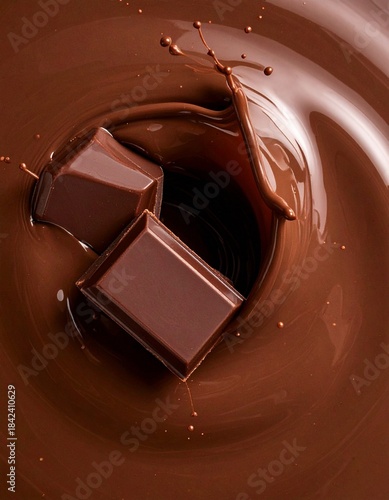 Top-down view of liquid chocolate, rich deep brown color, high-gloss surface reflecting light, two chocolate pieces creating a splash, abstract food texture.