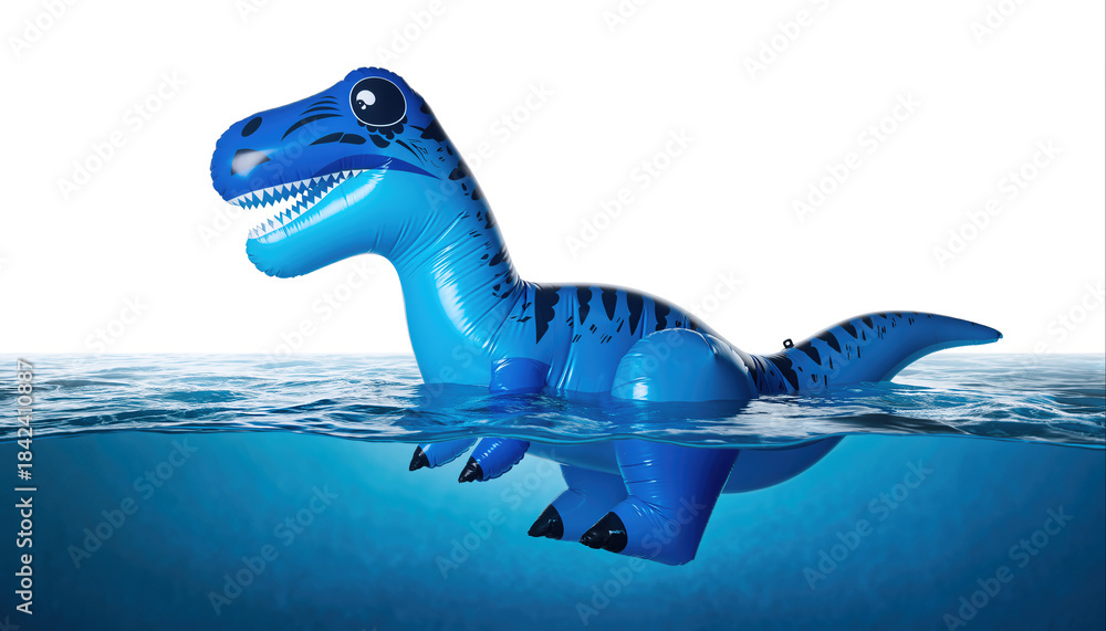 Fototapeta Inflatable dinosaur floats on water under bright sunlight in a clear sky during summer