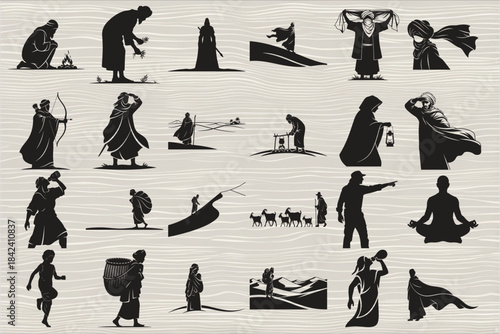 A striking collection of desert nomad silhouettes featuring travelers, camels, dunes, and traditional Middle Eastern attire