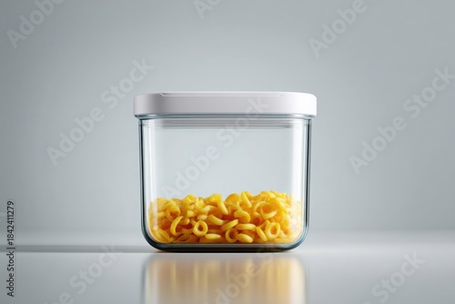 A clear jar filled with yellow pasta sits on a smooth gray surface, showcasing minimalist kitchen decor. Snack container mockup