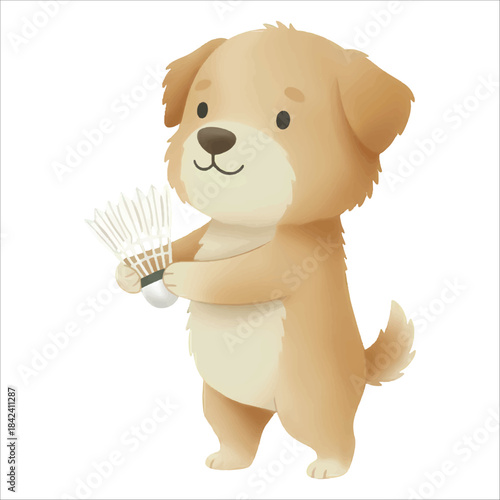 Cute watercolor dog holding shuttlecock vector on white background
