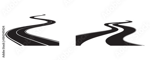 Winding road design elements set. Black perspective highway path icons on white.