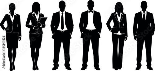 Professional business team silhouettes in formal attire representing corporate diversity, gender balance, leadership roles, and workplace professionalism for stock vector use.