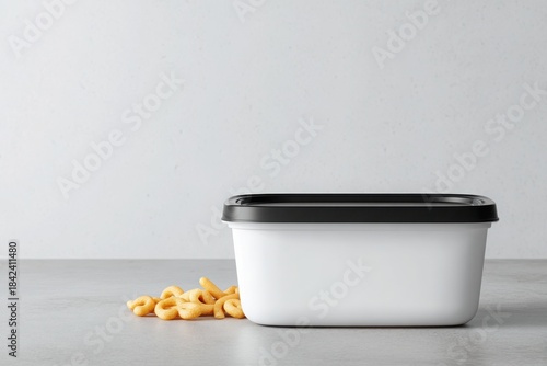 A sleek white container with a black lid sits on a gray surface, spilling popcorn, suggesting a movie night. Snack container mockup