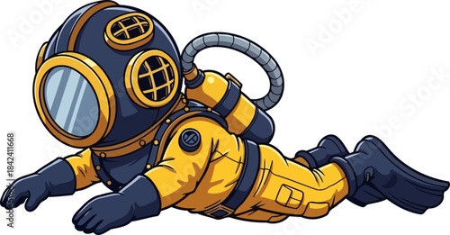 nautical voyager exploring submerged wonders in a timeless diving suit, isolated on transparent background
