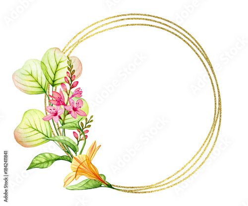 Watercolor golden frame with transparent tropical florals. Round wreath of flowers and leaves. Realistic golden glitter design. Hand painted floral illustration for text and wedding stationery