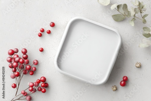 Festive holiday setting featuring a square plate surrounded by red berries on a light, textured background. Snack container mockup