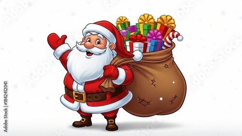 Cute Santa Claus Holding Gift Bag Christmas Cartoon Illustration on White Background