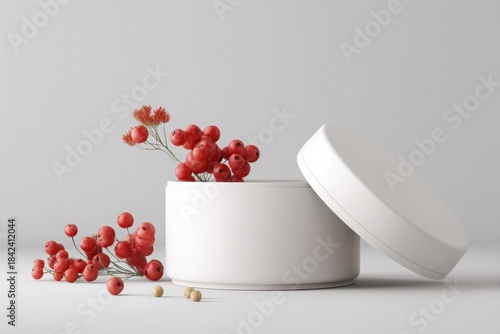 A white container spills vibrant red berries against a soft gray backdrop, creating a fresh, modern aesthetic. Snack container mockup