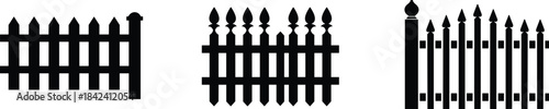 Black picket fence silhouette set, minimalist garden and yard boundary icons, simple wooden fence shapes for landscape and property design