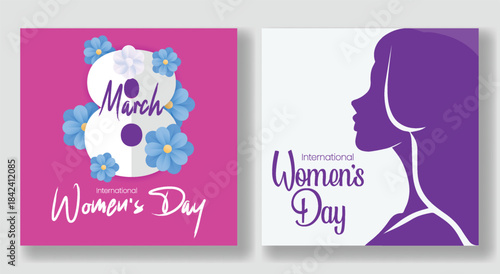 8 March Women’s Day floral background with female silhouette vector, trendy social media post design, modern square flyer poster and promotional website banner template