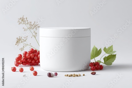 A white container surrounded by red berries and green leaves on a light gray background, evoking freshness. Snack container mockup