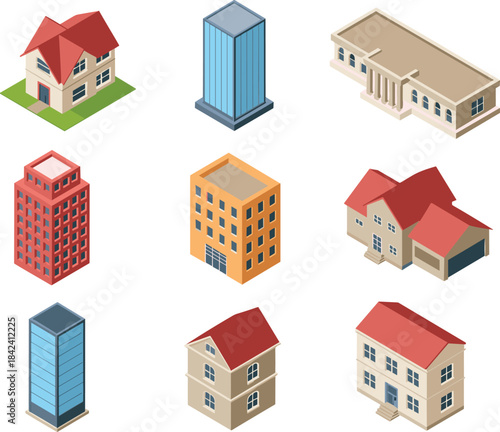 Isometric 3D building icon set with houses, apartments, offices, skyscrapers, and classical architecture for real estate and urban design