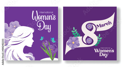8 March Women’s Day square flyer and social media post template with floral decorations, stylish female face silhouette, promotional website banner vector illustration design