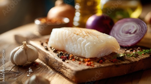 Fresh cod fillet prepared with spices on a rustic board