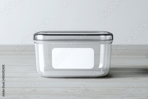 A clear glass storage jar sits on a light wooden surface, showcasing a minimalist design with a neutral color scheme. Snack container mockup