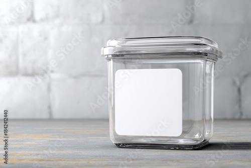 Clear glass jar on a wooden surface against a textured white wall, perfect for holiday treats. Snack container mockup