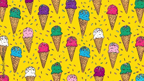 Colorful ice cream cones are arranged in a vibrant, playful seamless pattern