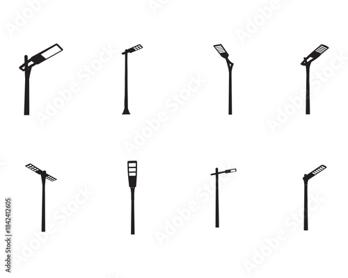 Set of 8 Modern LED Street Lamp Silhouettes - Urban Lighting Icons