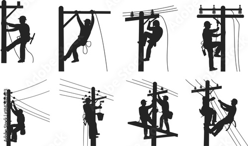 Silhouettes of electrical lineworkers climbing utility poles and repairing power lines, showcasing industrial labor, safety procedures, teamwork, skilled trades, and technical maintenance work.
