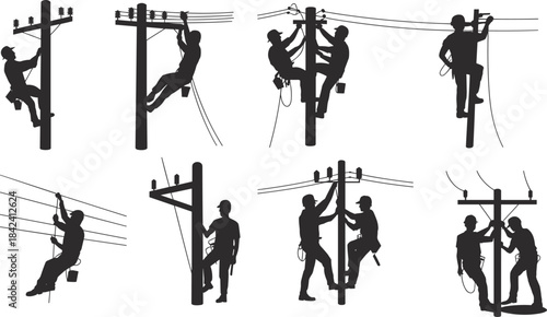 Silhouettes of electrical lineworkers climbing utility poles and repairing power lines, illustrating dangerous work, maintenance, teamwork, safety procedures, and industrial labor 