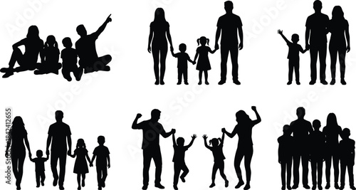 Silhouettes of families with children in various joyful and everyday poses representing bonding, togetherness, parenting, love, unity, happiness, and family lifestyle moments.