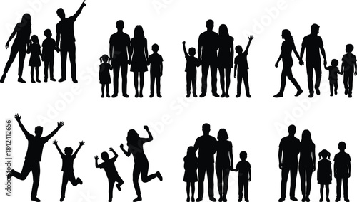 Silhouettes of families with children in joyful and everyday poses representing bonding, parenting, unity, togetherness, love, childhood moments, and family relationships.