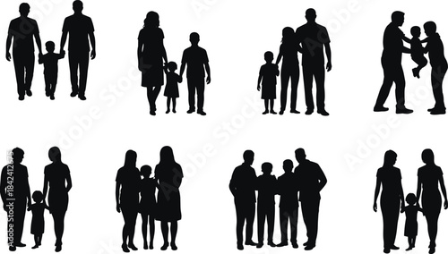 Silhouettes of families with children in various standing and walking poses representing bonding, togetherness, parenting, love, support, unity, and family relationships.