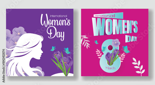 Modern 8 March Women’s Day celebration vector background with floral decorations, female silhouette illustration, stylish social media post and square flyer poster banner template design