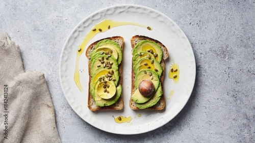 Avocado toast on whole-grain bread with seeds and olive oil