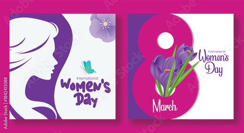 Minimalist 8 March Women’s Day social media post template with floral vector background, female face silhouette artwork, stylish square flyer poster web banner design