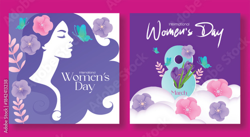 Creative 8 March Women’s Day social media post layout and square flyer template with floral vector design, elegant female face silhouette and marketing web banner background