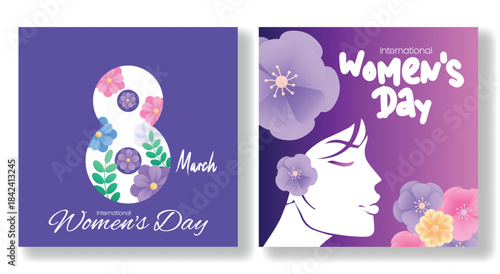Trendy 8 March International Women’s Day square flyer poster and social media template pack with floral illustration, female silhouette artwork, modern website banner background for marketing design