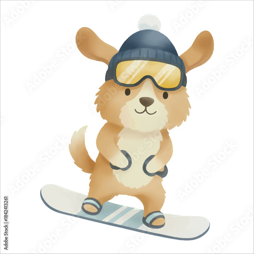 Cute watercolor dog snowboarding in winter vector on white background
