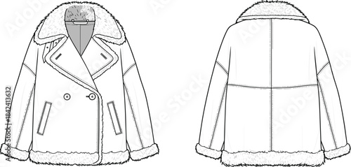 Shearling jacket technical drawing, double breasted winter coat sketch, fashion flat template, detailed garment illustration, warm outerwear design CAD vector