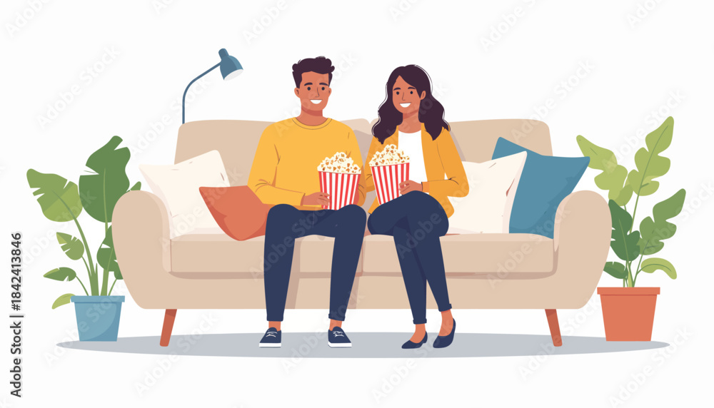 © Penguin Daily - Happy young couple sitting on a cozy sofa at home, eating popcorn while watching a movie or TV series together for a date night