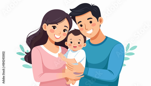 Joyful illustration of a happy young family embracing their newborn baby, symbolizing love, togetherness, and new beginnings. Ideal for parenting and childhood themes