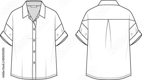 Short sleeve shirt technical drawing, button front fashion flat, apparel design template, detailed garment sketch illustration, vector clothing CAD layout