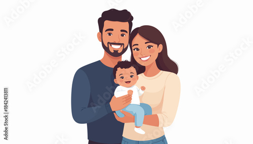 Joyful young family portrait illustration, depicting loving parents happily holding their adorable infant baby, symbolizing happiness, parenthood, and new beginnings