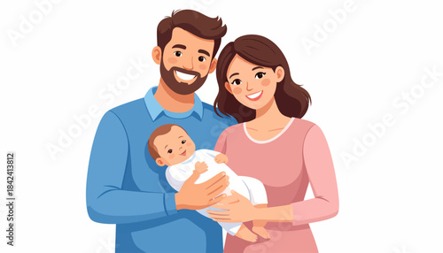 Vector illustration of a happy young family. A smiling mother and father are tenderly holding their newborn baby, showing love and care