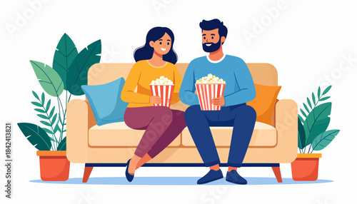 Couple enjoying movie night with popcorn on sofa, illustrated cozy domestic scene