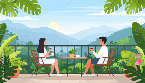 Man and woman relaxing with a hot drink on a scenic balcony, enjoying the tranquil mountain scenery and sunrise