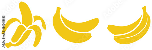 Three yellow bananas in different states peeled fruit