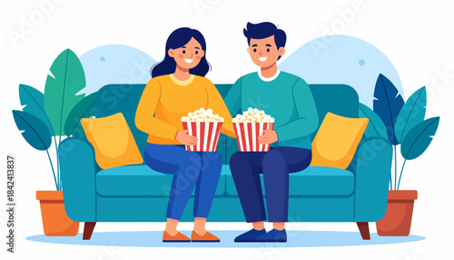 Happy Couple Enjoying a Movie Night at Home with Popcorn and Cozy Seating